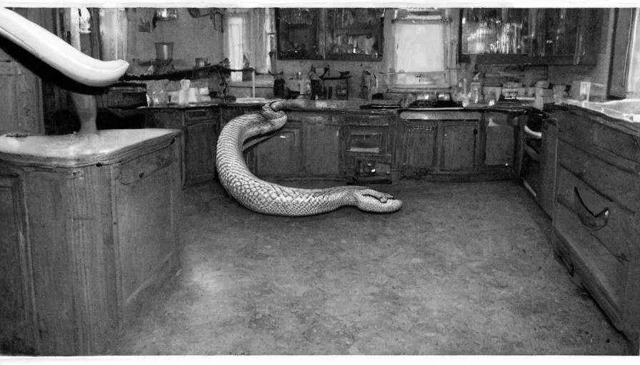 Image similar to a big snake in a stalinist style kitchen, by mini dv camera, very very low quality, heavy grain, very blurry, accidental flash, webcam footage, found footage, security cam, caught on trail cam