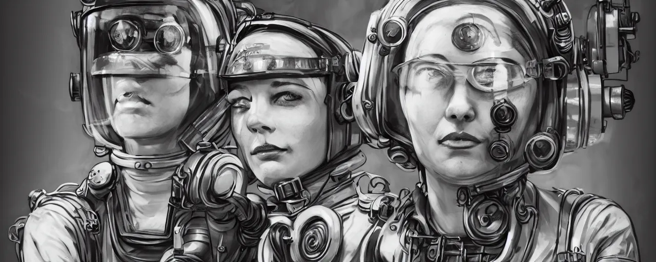 Image similar to detailed ink character concept art 3 / 4 portrait of tattooed stoic heroic emotionless butch blonde woman engineer with short slicked - back hair, wearing dirty flight suit, wearing dark victorian goggles, working inside reactor room, awkward and uncomfortable and anxious, dirty. industrial space program, scifi, hyper detailed. octane render. trending on artstation