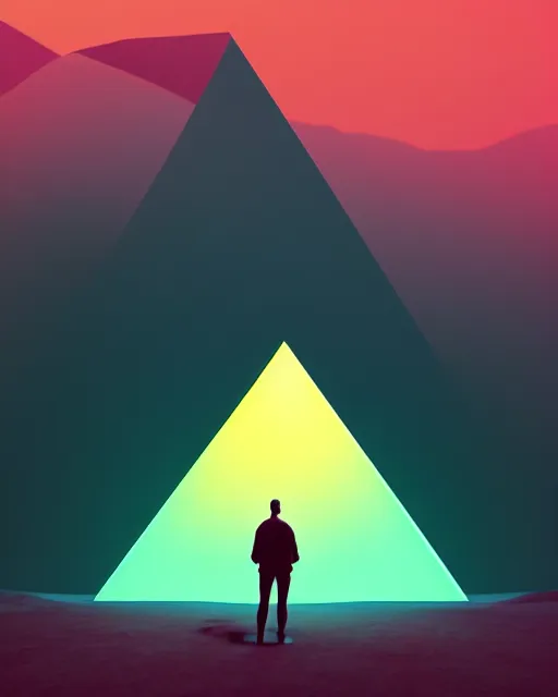 Image similar to a man standing in the middle of a mountain with a glowy triangle, a render by filip hodas, behance contest winner, environmental art, rendered in cinema 4 d, volumetric lighting