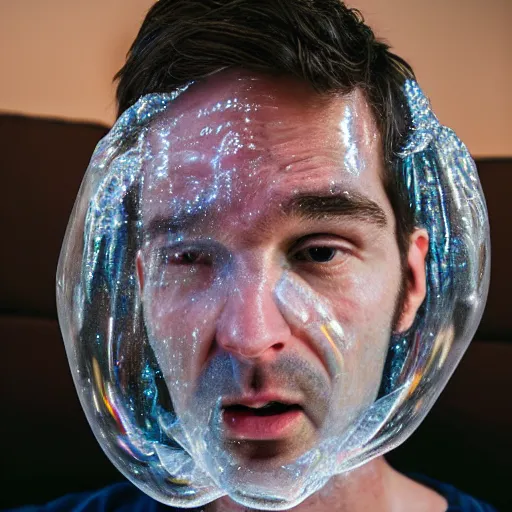 Prompt: portrait of a man who's face is made of bubble wrap plastic, he looks terrified