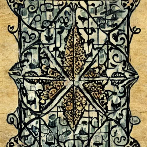 Prompt: nordic shield inky pattern tattooed medieval art with a busy ornate dotted christmas tree