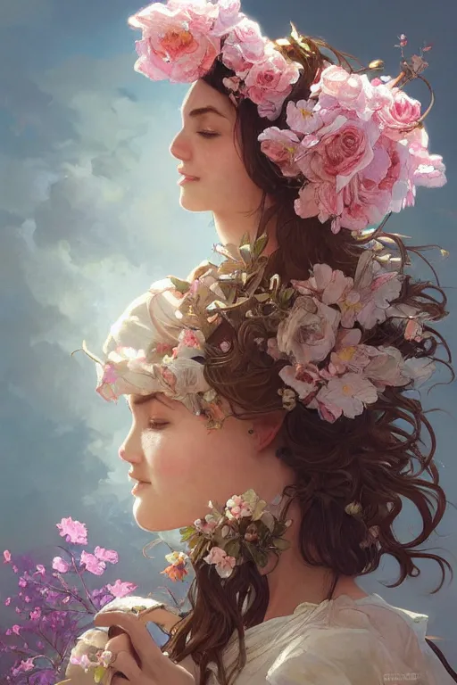 Prompt: ultra realistic illustration, spanish girl with flowers blossoming from helmet, elegant, highly detailed, digital painting, concept art, smooth, sharp focus, illustration, art by artgerm and greg rutkowski and alphonse mucha