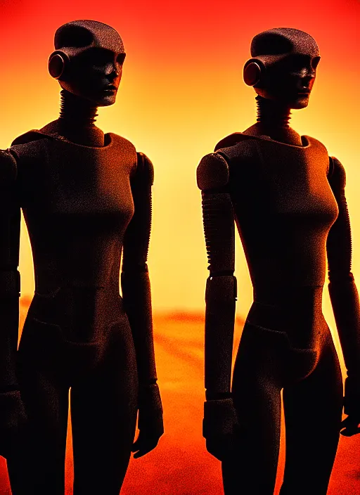 Image similar to cinestill 5 0 d photographic portrait by steve mccurry of two loving female androids wearing rugged black mesh techwear on a desolate plain with a red sky, extreme closeup, cyberpunk style, dust storm, 8 k, hd, high resolution, 3 5 mm, f / 3 2, ultra realistic faces, ex machina, blade runner