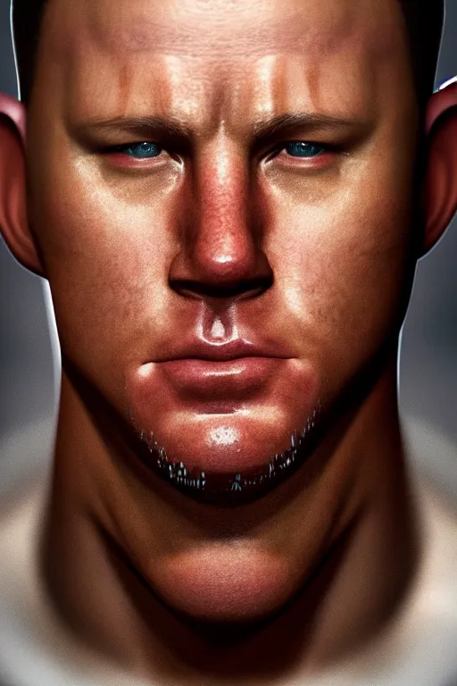 Image similar to a head shot of channing tatum as half human and a tater tot on a plate, tater tot face, ef 8 5 mm f 1. 8 usm, bionic scifi alexandre ferra, hyper detailed, digital art, trending in artstation, cinematic lighting, studio quality, smooth render, unreal engine 5 rendered, octane rendered