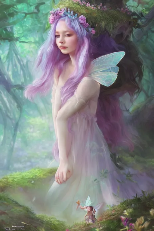 Image similar to a cute and geogerous fairy in the dreamy forest, fantasy, dreamlike, 8 k resolution, hyper detailed, d & d, character design, digital painting, trending on artstation, sharp focus, illustration, art by viktoria gavrilenko, hoang lap, fuji choko, steve zheng,