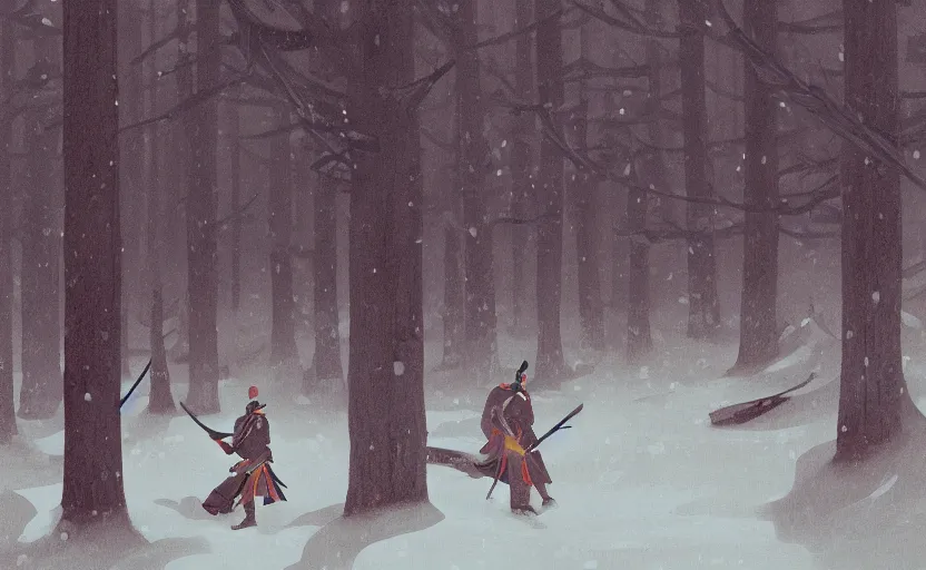 Image similar to a ancient chinese warrior scene in the snowy forest illustration by atey ghailan and escher and edward hopper