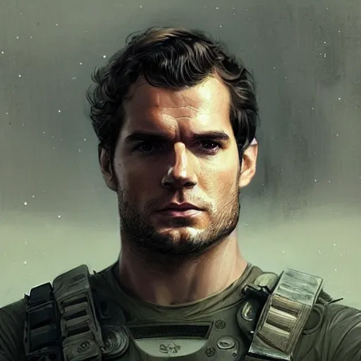 Image similar to “Portrait of Henry Cavill by Greg Rutkowski, he is about 20 years old, norwegian, short blond hair, young, manly, attractive, strong, older brother vibes, he is wearing futuristic military fatigues, highly detailed portrait, scifi, digital painting, artstation, concept art, smooth, sharp foccus ilustration, Artstation HQ”