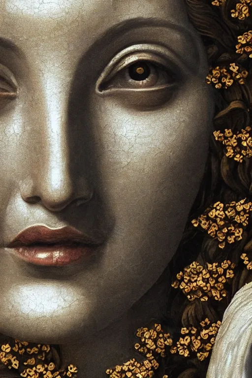Prompt: hyperrealism close - up mythological portrait of a medieval woman's shattered face partially made of bronze color flowers in style of classicism using the fibonacci golden ratio, pale skin, wearing ivory colour dress, dark and dull palette
