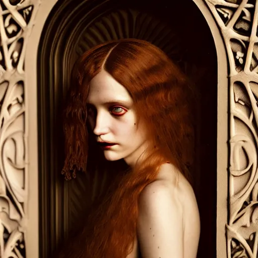 Image similar to photographic portrait of a stunningly beautiful gothic art nouveau secessionist movement female in soft dreamy light at sunset, contemporary fashion shoot, by edward robert hughes, annie leibovitz and steve mccurry, david lazar, jimmy nelsson, breathtaking, 8 k resolution, extremely detailed, beautiful, establishing shot, artistic, hyperrealistic, beautiful face, octane render