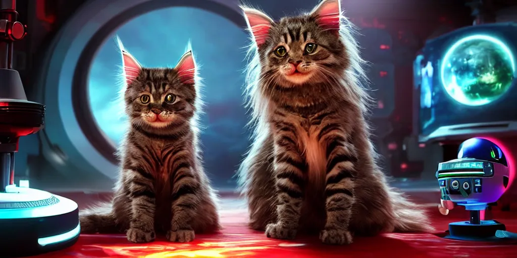 Image similar to a d rendered movie still a cute robotic kitten with rgb ambient lighting implants. the robot maine coon kitten. in the background is a cyberpunk cat tree with rgb dramatic lighting. science fiction blockbuster movie from the future, imax 7 0 mm. style of mandalorian ( american space western television series )