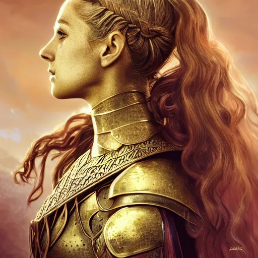 Prompt: head and shoulders portrait of a female knight, young alicia vikander, golden etched armor, lord of the rings, celtic hair braid, eldritch ruby amulet, sylvan glade, by artgerm, alphonse mucha, face detail, sharp focus, high key lighting, vogue fashion photo