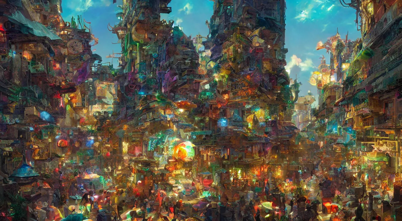 Image similar to bazaar zouk place aladin block greeble multicolorful sky shine mattepainting, street art, trending on artstation, by huang guangjian and gil elvgren and sachin teng