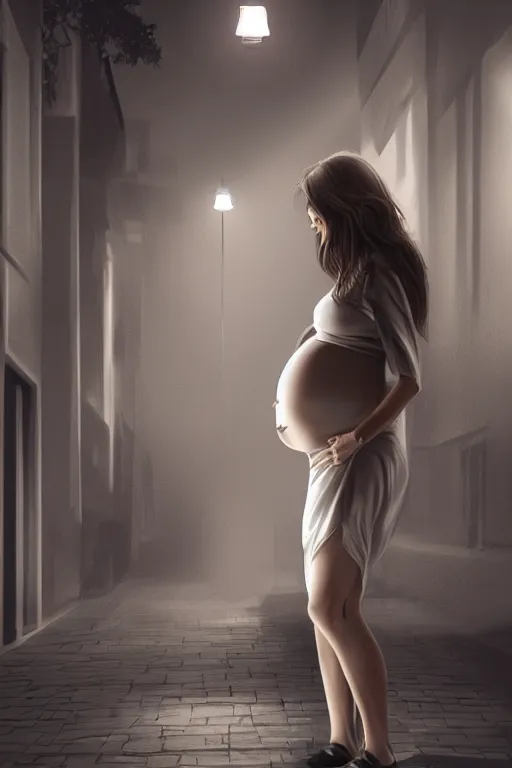 Prompt: pregnant woman under street light, highly detailed, sharp focused, ultra realistic digital concept art by Nil Tawata