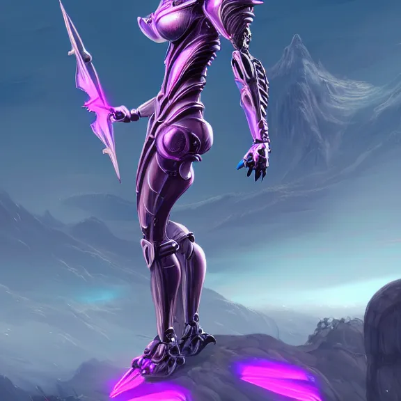 Image similar to extremely detailed giantess shot of a goddess that's a giant beautiful stunning anthropomorphic robot female dragon, standing majestically over mountains, elegant pose, streamlined shiny silver metal armor, fuchsia skin below the armor, sharp metal claws, long elegant tail, detailed warframe fanart, high quality digital art, giantess art, furry art, warframe art, furaffinity, DeviantArt, 8k HD, octane render