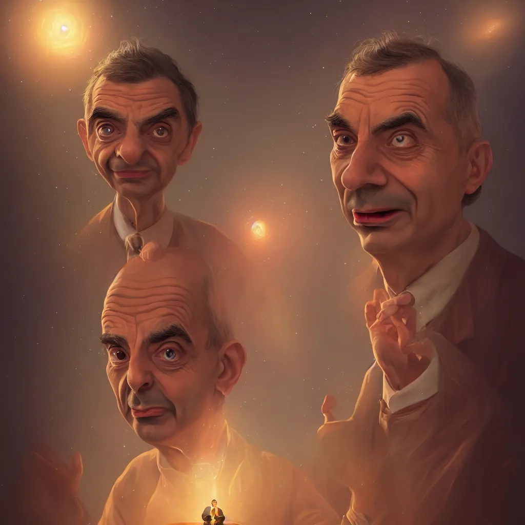 Image similar to Portrait of Mr Bean reaching enlightenment and becoming one with the universe, highly detailed, concept art, illustration, cinematic, artstation, digital painting, mystical, zen