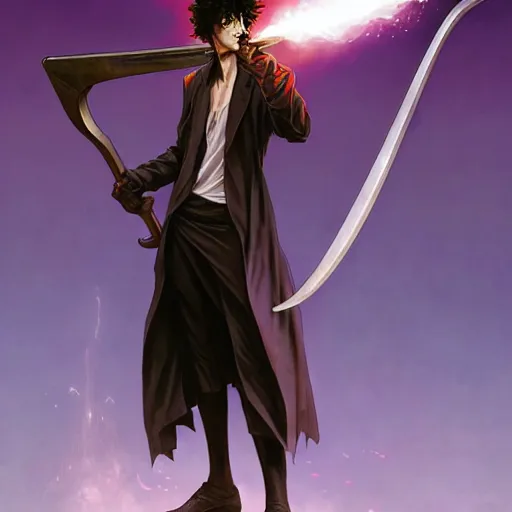 Image similar to Spike Spiegel as a grim reaper holding a giant scythe, fantasy, intricate, elegant, highly detailed, digital painting, artstation, concept art, matte, sharp focus, illustration, art by Artgerm and Greg Rutkowski and Alphonse Mucha