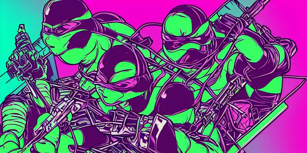 Image similar to vaporwave, vector graphics, teenage mutant ninja turtles, synthwave, nyc, neon, portrait, closeups