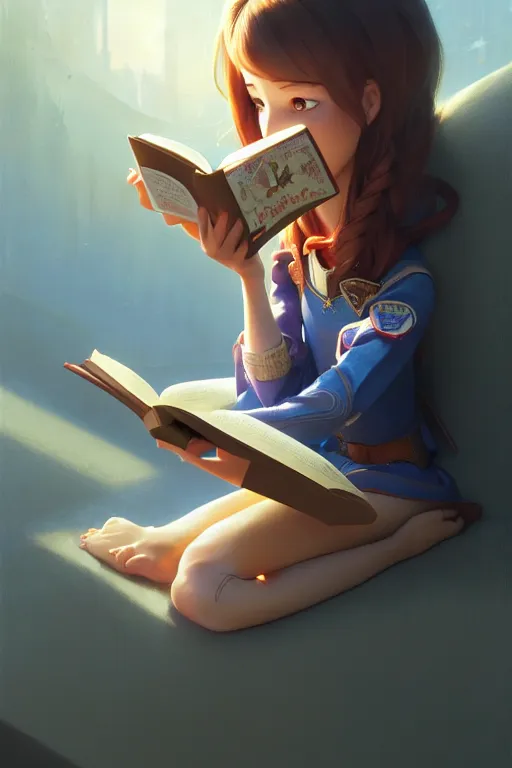 Image similar to highly detailed portrait of beautiful girl reading a book in toy story 3, dynamic pose, stephen bliss, unreal engine, fantasy art by greg rutkowski, loish, rhads, ferdinand knab, makoto shinkai and lois van baarle, ilya kuvshinov, rossdraws, tom bagshaw, global illumination, radiant light, detailed and intricate environment