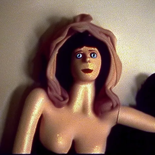 Image similar to still from a 1992 arthouse film about a depressed woman dressed as an inflatable puppet who meets a handsome younger man in a seedy motel room, color film, 16mm soft light, weird art on the wall