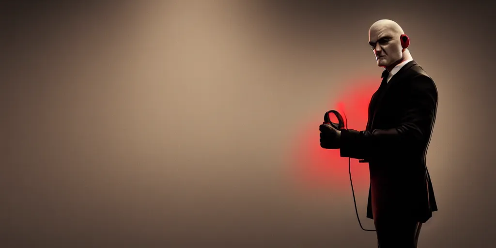 Image similar to agent 4 7 from hitman wearing headphones listening to music, dark background, red rim light, highly detailed, smooth, sharp focus, art by ali kiani amin