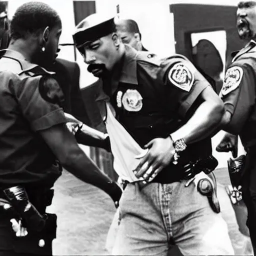 Image similar to photo of 2 pac arresting 2 pac, there is an officer that looks like 2 pac arresting that 2 pac. 2 pac can be seen in the background overlooking the situation.