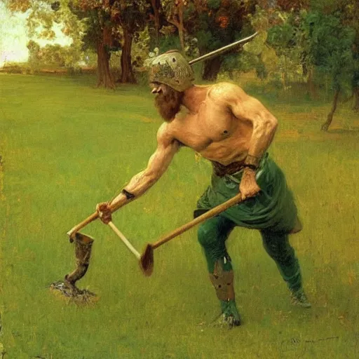 Image similar to A spartan mowing the lawn, photorealistic, by Ilya Repin and Dr. Seuss