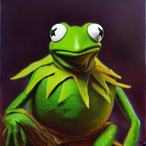 Image similar to ultra realistic portrait painting of kermit the frog, art by frank frazetta, 4 k, ultra realistic, highly detailed, epic lighting