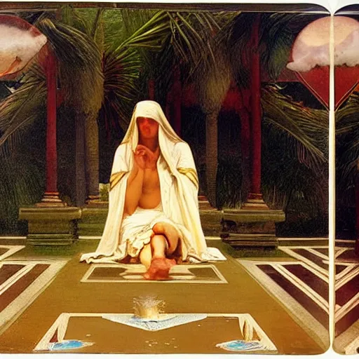 Image similar to blood dripping chalice at the palace, thunderstorm, greek pool, beach and palm trees on the background major arcana sky, by paul delaroche, alphonse mucha and arnold böcklin arnold böcklin hyperrealistic 8k, very detailed