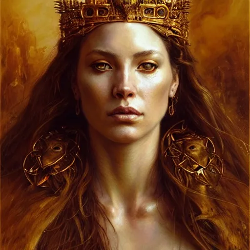 Image similar to highly detailed portrait of a majestic lioness queen in the form of a beautiful woman. d & d. art by donato giancola, eugene delacroix, ruan jia, bastien lecouffe - deharme. trending on artstation, intricate details, energetic composition, golden ratio, concept art, illustration, elegant art, global illuminaition