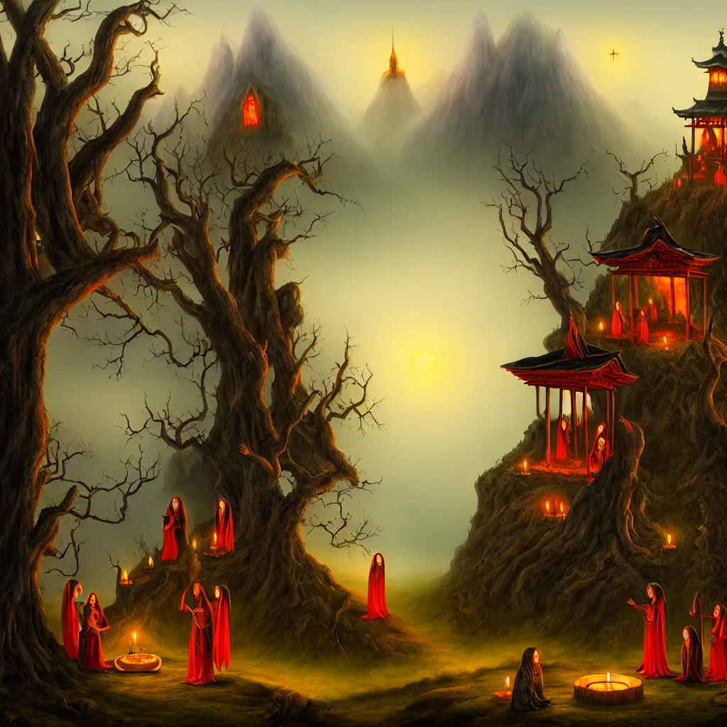 Prompt: evil witches performing a ritual around a wooden shrine, on a hill, a detailed matte painting, fantasy, foggy