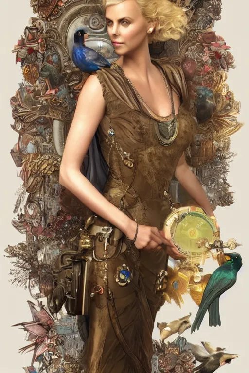 Image similar to charlize theron 3 d render of english princess holding birds, ornaments, mucha vibe, dieselpunk, solarpunk, artstation