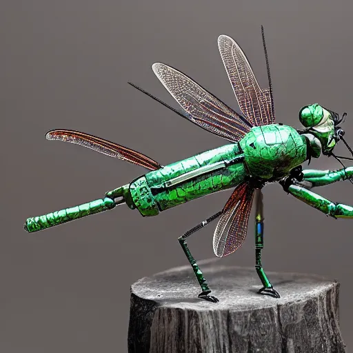 Image similar to a realistic robotic Dragonfly , industrial made of resin and fossils, UHD,