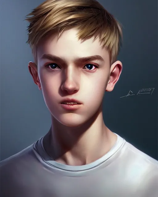 Image similar to portrait of 1 5 - year - old boy with blonde hair, round - face, with long toothed, hyper realistic face, beautiful eyes, character art, art by artgerm lau and wlop and and ilya kuvshinov and john singer sargent, hyperdetailed, symmetrical, cryengine, trending on artstation, digital art