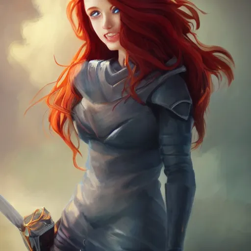 Image similar to a portrait of a young woman with red hair, smart, rich, shallan davar, blue eyes, beautiful, smiling, thick hair, rpg, dnd, artgerm style