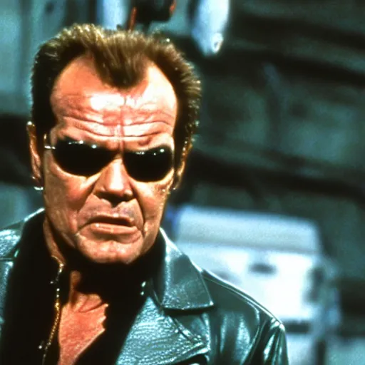 Prompt: Jack Nicholson plays Terminator, epic scene where his endoskeleton gets exposed