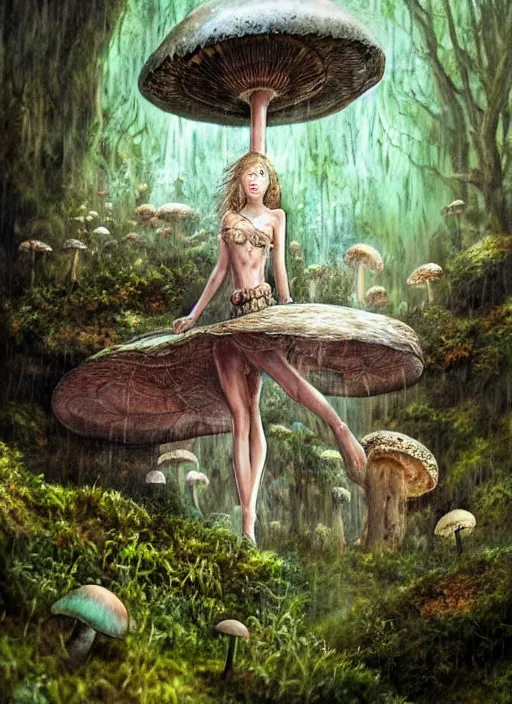 Image similar to a beautiful fantasy woman makes camp under a large mushroom, moss, dewdrops, rainstorm, watercolor, dramatic lighting, cinematic, establishing shot, extremely high detail, foto realistic, cinematic lighting, pen and ink, intricate line drawings, by Yoshitaka Amano, Ruan Jia, Kentaro Miura, Artgerm, post processed, concept art, artstation, matte painting, style by eddie mendoza, raphael lacoste, alex ross,