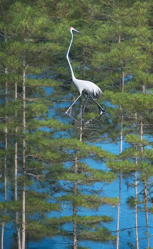 Prompt: portrait photo of a japense crane next to a forest of japanese pines and a lake, highly detailed, high resolution, national geographic photo, stunning, bokeh soft, 100mm, trending on instagram, by professional photographer, shot with a canon, low saturation