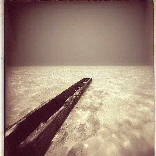 Image similar to a rusty bed at the bottom of the ocean, dark, murky water, underwater, old polaroid, expired film,