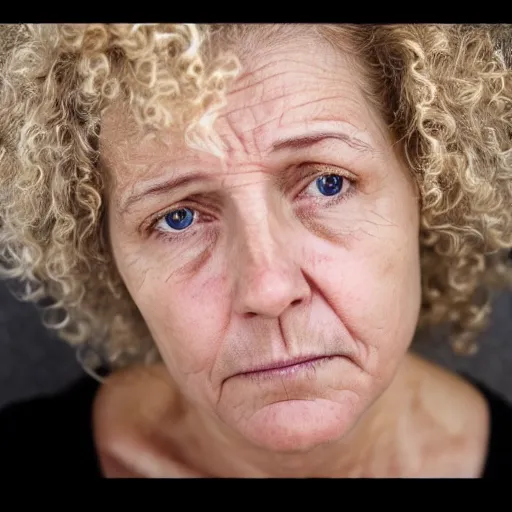 Prompt: Portrait of a sad looking middle aged woman. Blonde curly hair. Detailed face.