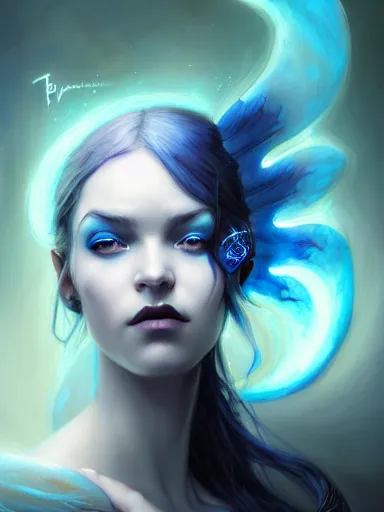 Prompt: dark sorceress with blue skin by james jean, charlie bowater, tom bagshaw, nikolay makovsky, melanie delon : : enchanting, ethereal, magical, glowing, sparkle, prismatic, portrait, character design, illustration, hyperrealism, photorealism, digital art, concept art, dark fantasy, whimsy, weta, wlop, artstation