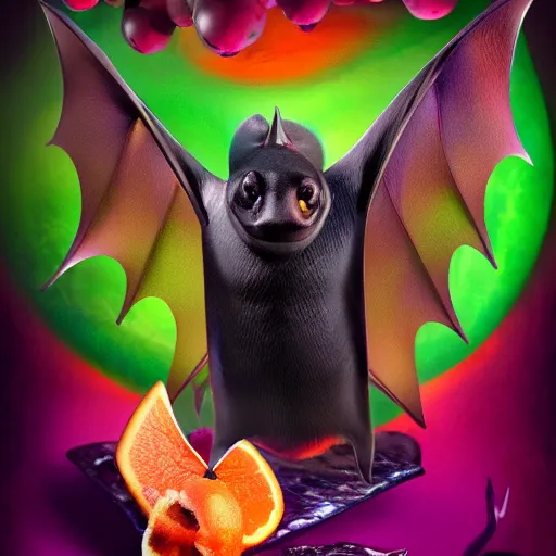 Image similar to Photorealistic magical fruit bat with fruit. Hyperdetailed photorealism, 108 megapixels, amazing depth, glowing rich colors, powerful imagery, psychedelic Overtones, 3D finalrender, 3d shading, cinematic lighting, artstation concept art