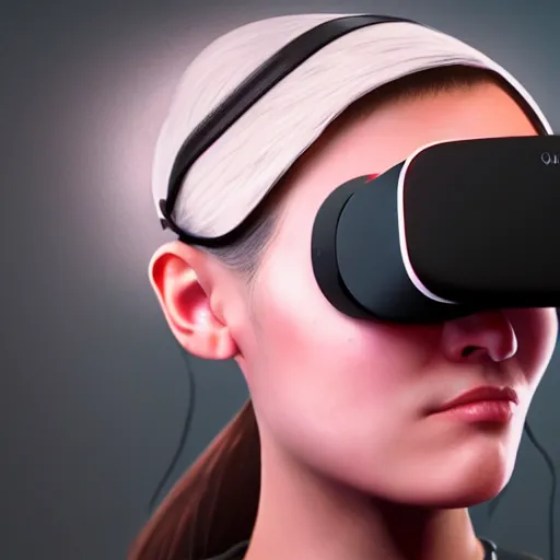 Image similar to young female wearing oculus quest 2, highly detailed digital painting hyperrealism ray tracing cinematic