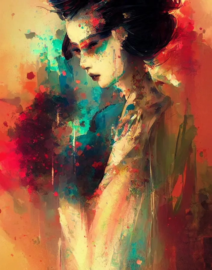 Image similar to portrait of a beautiful geisha, volume lighting, concept art, by greg rutkowski!!, colorful, xray melting colors!!