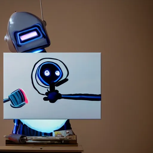 Image similar to photo of a minimalist robot painting a canvas, beautiful lighting, sharp, details, hyper-detailed, HD, HDR, 4K, 8K