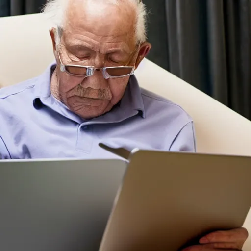 Image similar to elderly man sitting inside a casket browsing internet on laptop from a casket casket