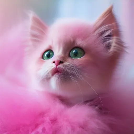 Image similar to Beautiful pink fluffy kitten, dreamlike Photography, First-Person, Full-HD, Natural Lighting