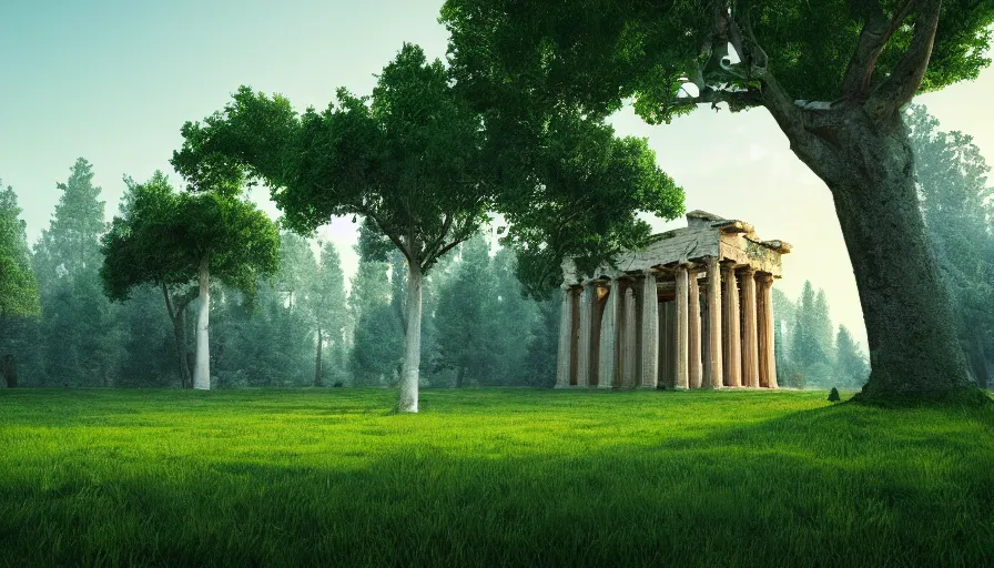 Prompt: round greek temple standing between large trees, godrays coming from the left illuminating the scenery, long grass in the foreground, digital rendering, artstation, hyperdetailed