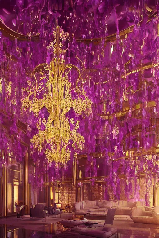 Prompt: interior design architecture with a golden chandelier hanging from the ceiling, very realistic, with glass walls with amethyst fractal stones and with many pink blobby jellyfish behind, very high detail, octane render