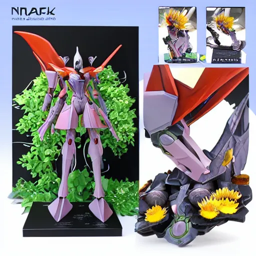 Image similar to futuristic nymphaea themed mecha waterlily upper body, flower sepals forming helmet, evangelion, nymphaea, 8 k hd resolution, barbatos gundam with floral inlay, bandai box art, star wars, makoto kobayashi, frank gehry, beeple, metal shaded