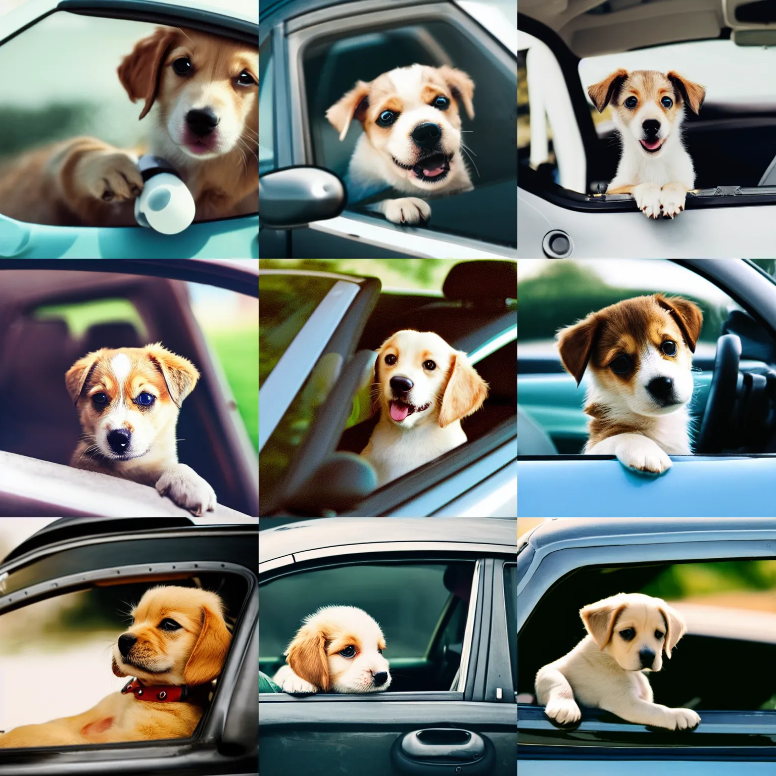Image similar to cute puppy driving a car, film still, cinematic lens, realistic